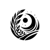 Black and White Circular Illustration Moon, Stars, Foliage, and Abstract Lines in a Minimalist and Symbolic Design. vector