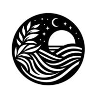 Black and White Circular Silhouette of a Coastal Scene Moon, Stars, Waves, and Leafy Branch. vector