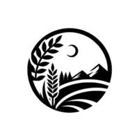 Minimalist Round Depicting Wheat, Crescent Moon, and Mountain Scenery Representing Agriculture and Nature. vector