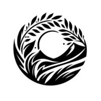 Minimalist Black and White Circular Design Mountains, Plants, and Leaves Enclosing a Negative Space. vector