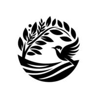 Elegant Black and White Circular Logo A Stylized Bird in Flight Nestled Within an Arched Branch and Leaves. vector