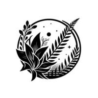 Intricate Black and White Botanical Design Floral Composition Within Circle, with Leaves, Stems, and Tiny Celestial Elements. vector