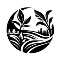 Monochromatic nature scene in a circle, showcasing stylized plant, landscape with trees, fields, and heart, in a minimalist illustration. vector