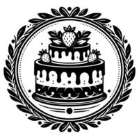 Elegant Black and White Illustration of a TwoTiered Cake Adorned with Strawberries, Within a Decorative Laurel Wreath. vector