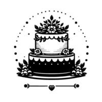 Elegant Black and White TwoTiered Cake Decorated with Floral Accents, Dots, and a Heart Motif, in a Monochromatic, Minimalist Style. vector
