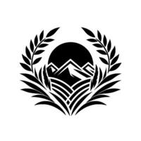 Black and white emblem depicting a mountain scene with fields of wheat, and wheat branch surrounds. vector