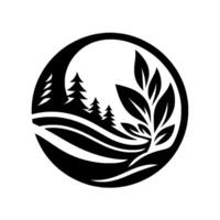 Black and White Circular Nature Featuring Forest and Leafy Branch with a minimal and artistic aesthetic. vector