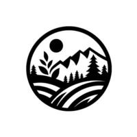 Black and White Circular Minimalist Landscape Silhouette Mountains, Trees, Sun, and Fields in a Natural Setting. vector