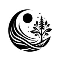 Minimalist Monochrome Nature Design A stylized fir tree silhouette within a swirling crescent and celestial elements, evoking serenity. vector