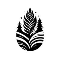 Minimalist Black and White Illustration of Forest Scene within an Oval Shape, Featuring Trees and a Central Leaf Motif. vector