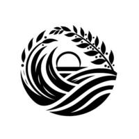 Monochrome circular emblem depicting stylized waves and a sun setting below a horizon with olive branches, evoking nature and serenity. vector