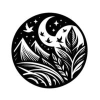 Monochrome Nightscape Mountain, Moon, Birds, and Foliage in a Circular Black and White Design. vector