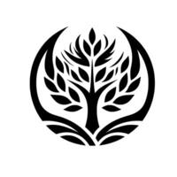 Black and White Stylized Tree with Circle Frame, Leaves, and Serene vector