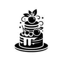 Black and White Illustration of a TwoTiered Cake with Cherries, Leaves, and Decorative Swirls on a Serving Plate. vector