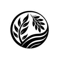 Abstract black and white illustration of stylized leaves and flowing lines, enclosed within a circular border, conveying nature and simplicity. vector