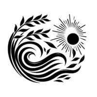 Stylized YinYang Composition Sun, Watery Waves, and Branch with Leaves in Contrasting Black and White, Symbolic Harmony. vector