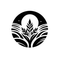 Stylized Black and White of Wheat Stalks in a Field Under a Full Moon, with Starry Accents. vector