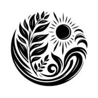 Black and White Circular Composition Featuring Stylized Sun, Plant, and Wave Elements, Emphasizing Natures Harmony and Balance. vector