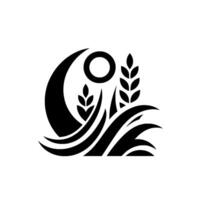 Abstract black and white minimalist featuring wheat, sun, and crescent moon elements, suggestive of growth. vector