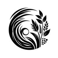 Abstract Black and White Floral YinYang Symbol with Leaves, Grains, and Berries, Symbolizing Balance and Nature. vector