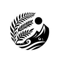 Stylized monochrome illustration of a circular landscape featuring foliage, a mountain silhouette, a sun or moon, and abstract waves or patterns. vector