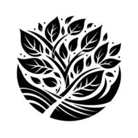 A symmetrical black and white illustration of a stylized tree with stylized leaves and branches within a circular frame. vector