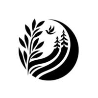Minimalist Nature Logo Black and White featuring a Dove, Branch, and Trees in a Circular Composition. vector