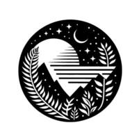 Black and white circular emblem featuring a mountain scene with a striped sun, crescent moon, stars, and stylized foliage elements. vector