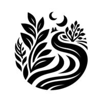 Black and White Circle Illustration Winding river with flora under crescent moons, creating a calm, natureinspired design. vector