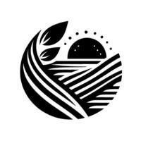 Stylized black and white circular illustration of a field with sunrise, leaves, and flowing lines, creating a balanced composition. vector