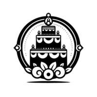 Elegant, monochromatic emblem featuring a threetiered birthday cake, surrounded by a decorative frame and floral elements in a minimalist, classic design. vector