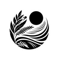 Circular Monochrome Emblem Black Silhouette of Foliage and Sun, Abstract Representing Harmony, Balance, and Nature. vector