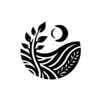 Black and white circular minimalist featuring a stylized landscape with a crescent moon, plants, and wavy fields, creating a balanced, natural aesthetic. vector