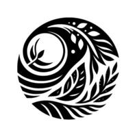 Black and white circular featuring stylized leaves, branches, and a nested spiral, creating a minimalist organic aesthetic. vector