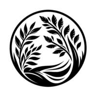 Elegant black and white botanical illustration inside a circular frame, with stylized leaves and flowing lines. vector