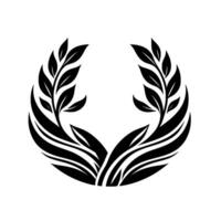 Elegant symmetrical black and white botanical featuring stylized leaf branches forming a laurel wreath or similar. vector