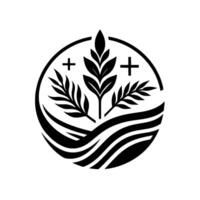 Stylized black and white with circular frame featuring stylized leaves, wheat, flowing lines and cross symbols, suggesting a natural or organic theme. vector