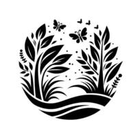Minimalist Black and White Illustration of a Nature Scene Butterflies, Plants, and Grass Within a Circular Frame, Peaceful and Delicate vector