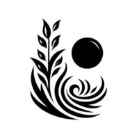Abstract Black and White Illustration Organic Swirls, Foliage, and a Celestial Orb Composition on a White Canvas. vector