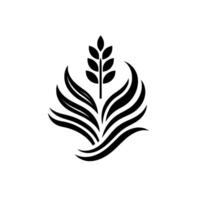 Minimalist Black and White Depicting a Wheat Stalk and Flowing, Curved Foliage in a Symmetrical Arrangement, Set Against a Plain White Background. vector