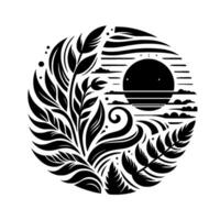 Intricate Black and White Circular Design Leafy Foliage, Stylized Sun, and Abstract Waves in a Harmonious Composition. vector