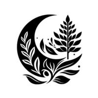 Minimalist Black and White Moon with Floral and Foliage Elements, Creating a Harmonious NatureInspired Design. vector