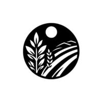 Minimalist Circle of a Wheat Field and Foliage, Featuring a Moon and Agricultural Scene in Black and White. vector