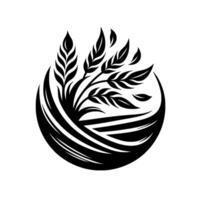 Symbolic Black and White Illustration of Wheat, Grains, and Leaves Emerging from a Curved, EarthLike Shape. vector