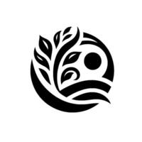 Organic Abstract Emblem Circular Composition featuring a stylized tree with leaves and a sunlike element. vector