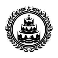 Elegant black and white emblem featuring a threetiered cake with a lit candle, encircled by an ornate laurel wreath. vector