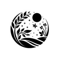 Elegant black and white circular emblem of nature with moon, flowers, foliage, stars and minimalist style. vector