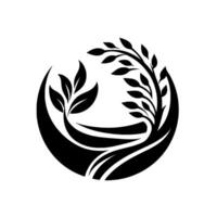 Black and White Abstract Nature Logo A Stylized Circle Featuring Leafy Branch and CrescentShaped Elements. vector