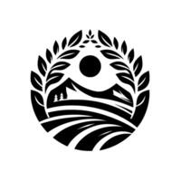 Black and White Circular Depicting Mountains, Fields, Sun, and Laurel Wreath NatureInspired Design. vector