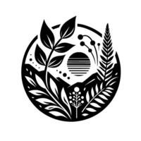 Intricate black and white nature scene within a circle, featuring mountains, sun, and stylized flora in a minimalist design. vector